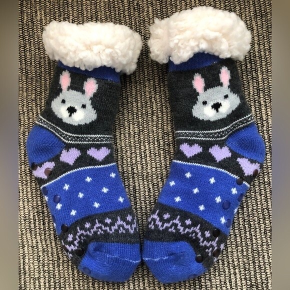 Fair Isle Bunny Rabbit Blue Gray Girls Fuzzy Slipper Socks Shoe Size 7-3 NEW NWT - Picture 1 of 3